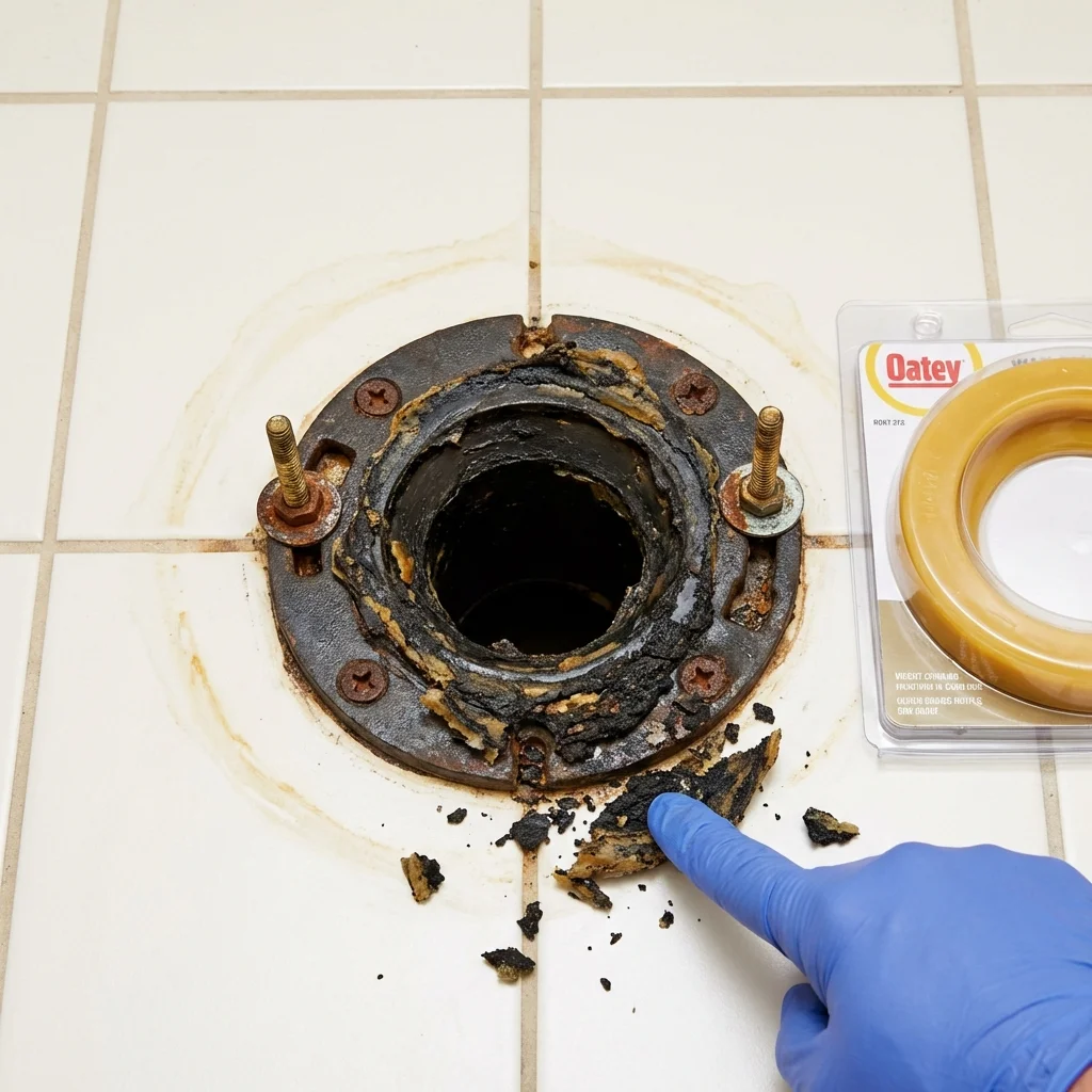 Failed wax ring showing water seepage at the base of a toilet in a Silverton, OR home